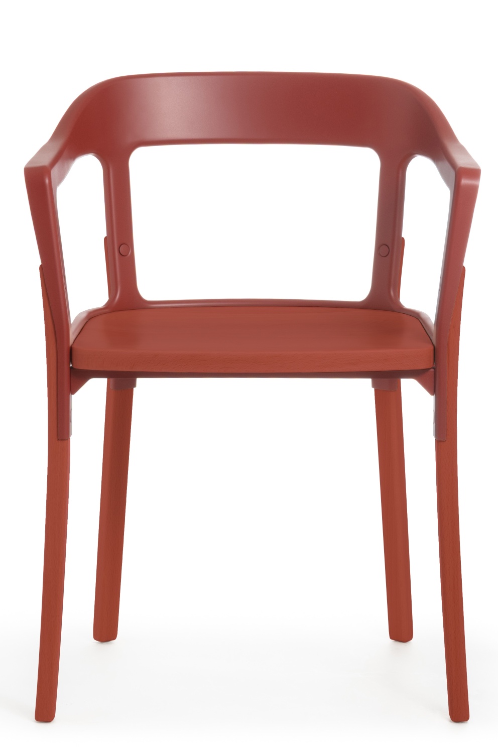Steelwood Chair von Magis, moderner Stuhl aus Holz und Kunststoff in Terrakotta, Frontansicht.