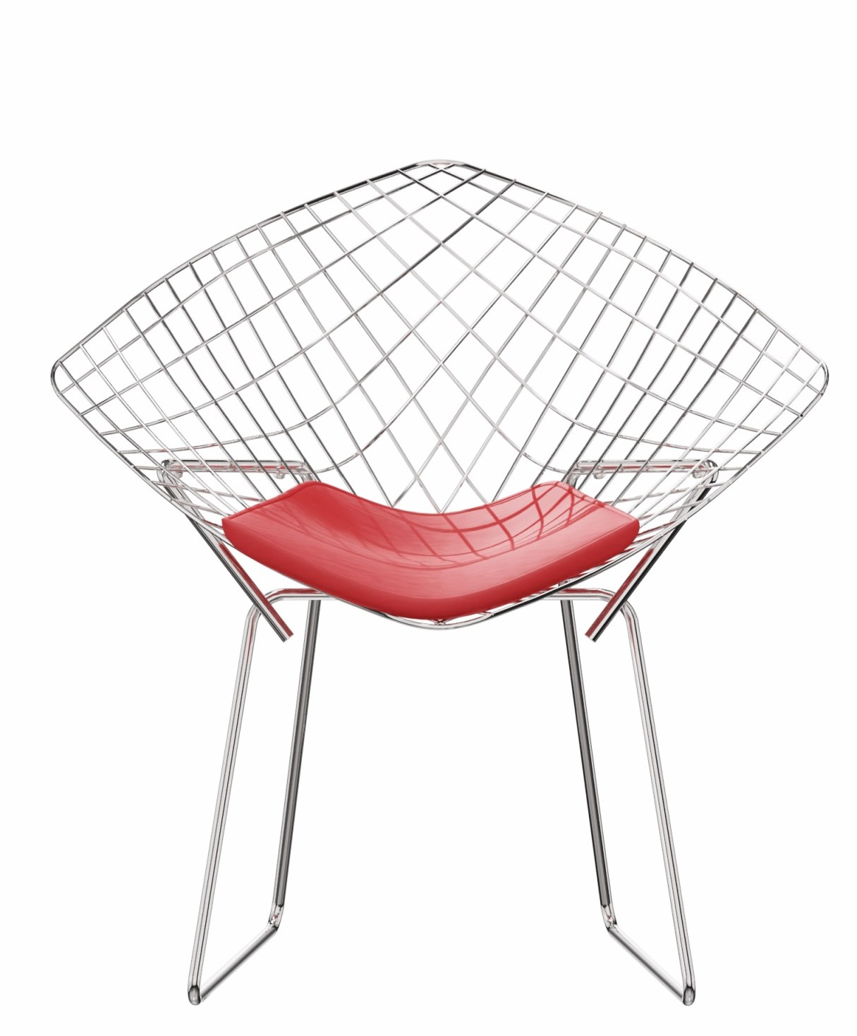 Diamond Sessel von Knoll International mit rotem Sitzkissen und verchromtem Drahtgestell. Designklassiker.
