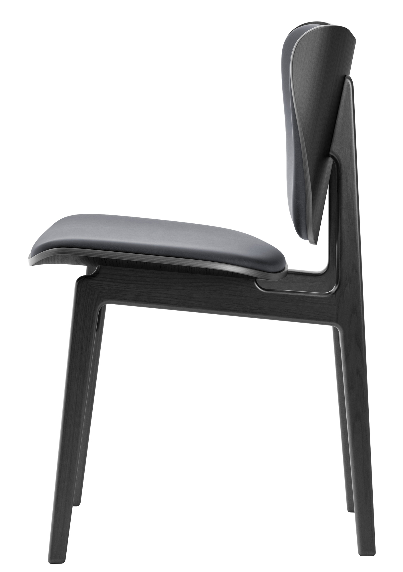 Elephant Dining Chair Stuhl aus Eiche schwarz mit anthrazitfarbenem Vintage Lederbezug, Seitenansicht.