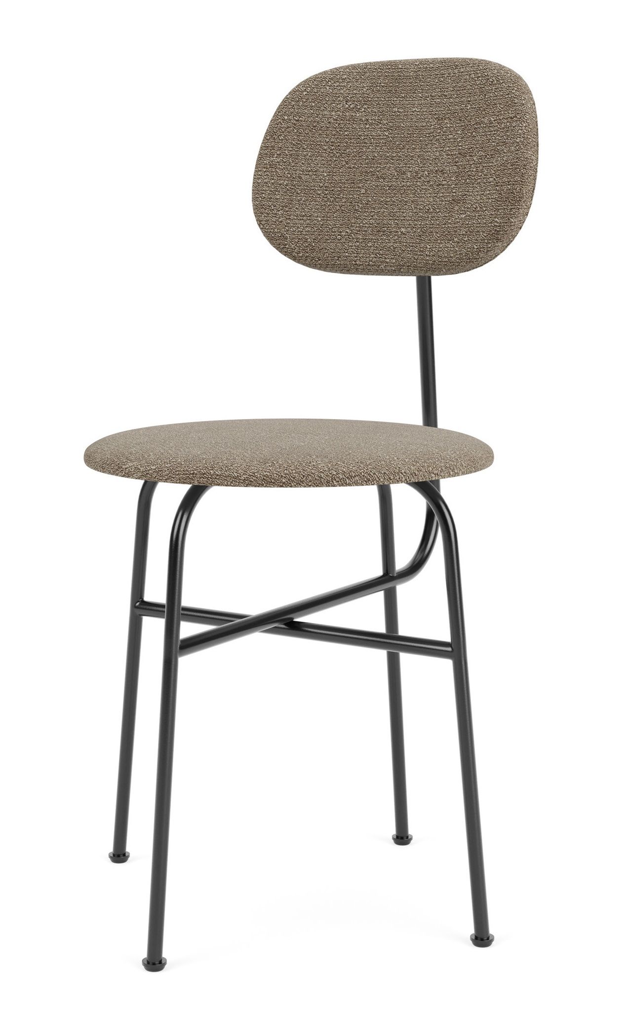 Afteroom Stuhl: Esszimmerstuhl von Audo Copenhagen mit braunem Stoffbezug und schwarzem Metallgestell.