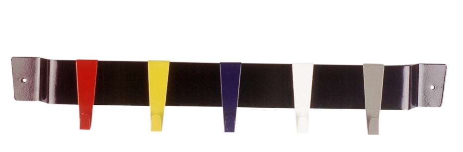 De Stijl Flurgarderobe VH 25 von Tecnolumen mit farbigen Haken (Rot, Gelb, Blau, Weiß, Grau) auf schwarzer Leiste.