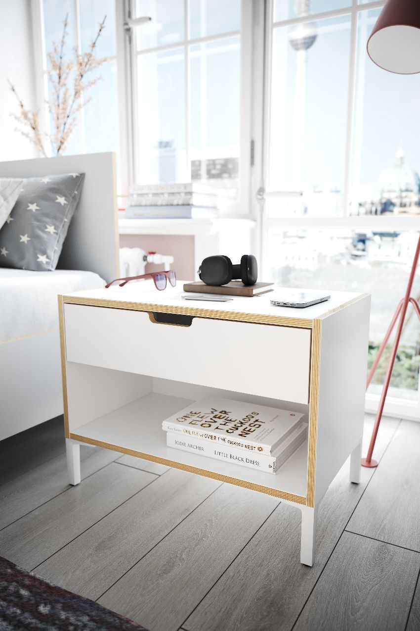 Modular bedside cabinet KORPUS WHITE, BIRCH PANEL, FRON WHITE PAINTED ON FEET Müller Möbelwerkstätten SINGLE PIECES