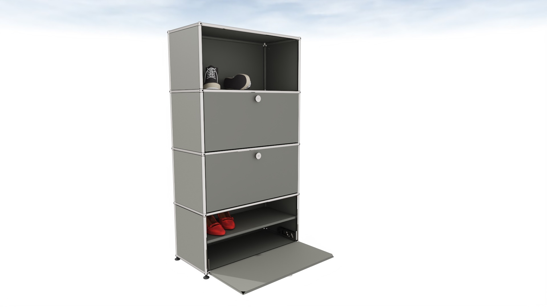 USM Haller Schuhschrank in Mittelgrau mit Klappen, modulare Aufbewahrung für Schuhe und Accessoires im Eingangsbereich.