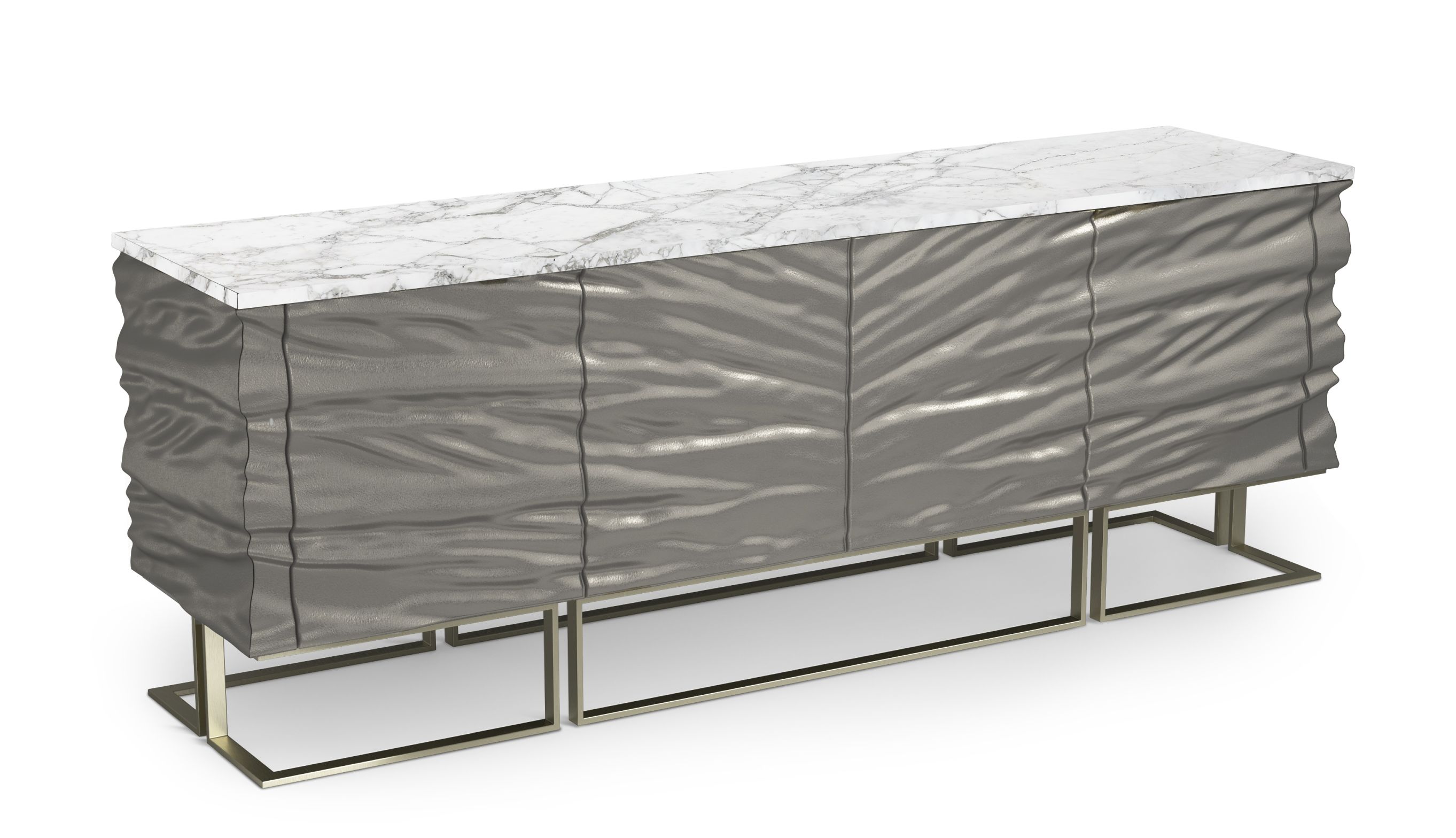 Casse Sideboard mit Carrara Marmorplatte und grauem Korpus auf goldenem Metallgestell. Designer Möbel.