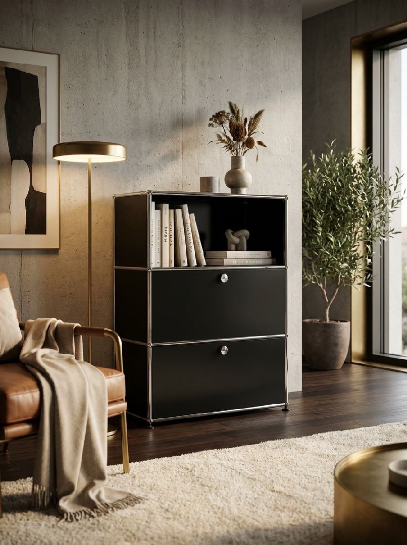 USM Haller Highboard mit 2 Klappen und 1 Fach offen-reinweiß