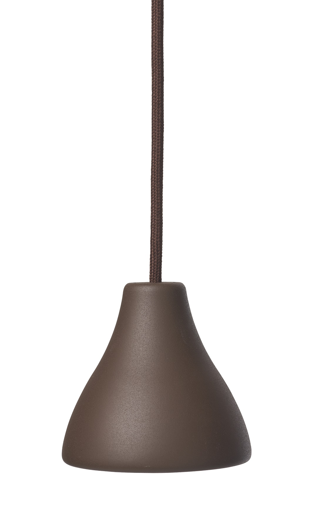 Nahaufnahme der braunen w131 Bell Pendelleuchte von wästberg mit Textilkabel, modernes Design für Wohnzimmer und Esszimmer.