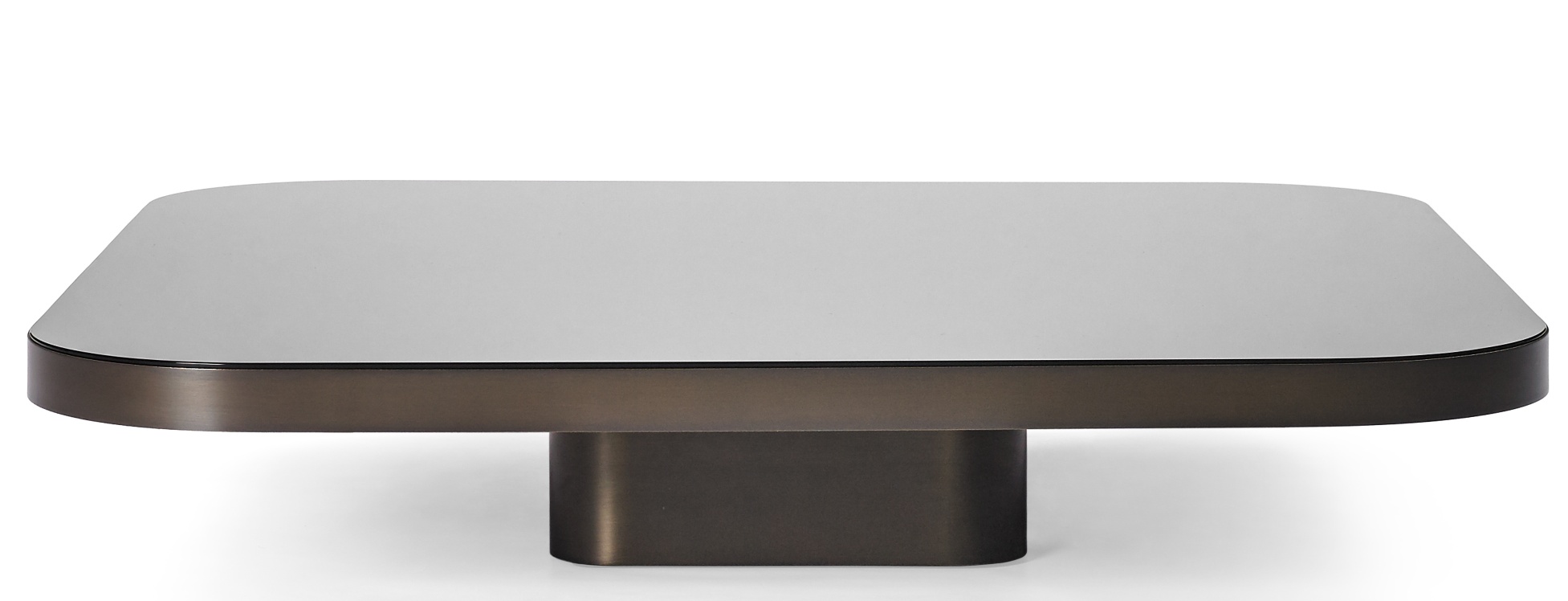 ClassiCon Bow Coffee Table No. 4 mit quadratischer, grauer Tischplatte und bronzefarbenem Metallfuß.