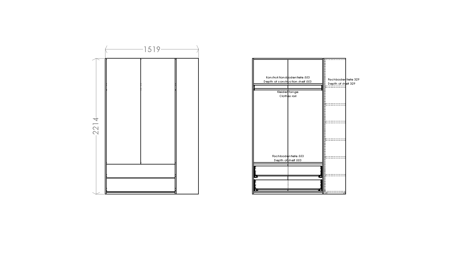 MODULAR PLUS wardrobe combination with add-on shelf right W 151.9 cm Müller Möbelwerkstätten