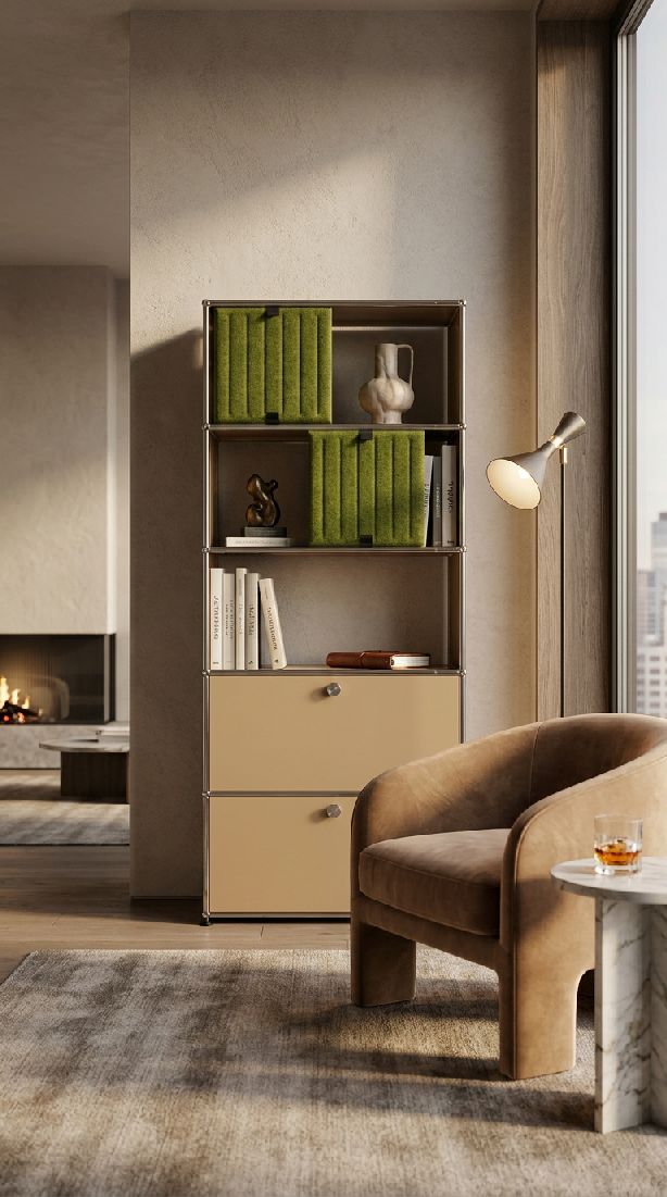 USM Haller shelving unit with Soft Panels M69 Pure White-Taupe