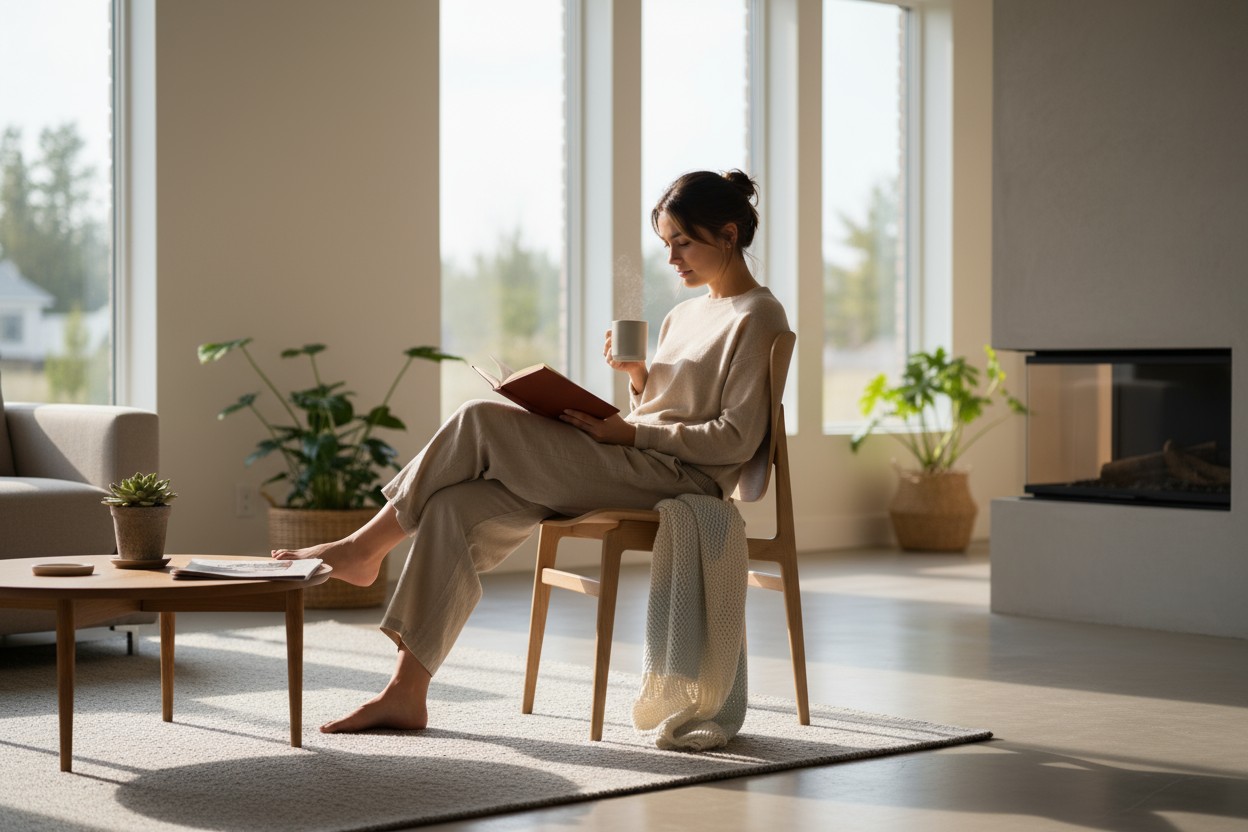 Frau liest Buch auf NORR11 Elephant Dining Chair Stuhl im hellen Wohnzimmer mit Kamin.