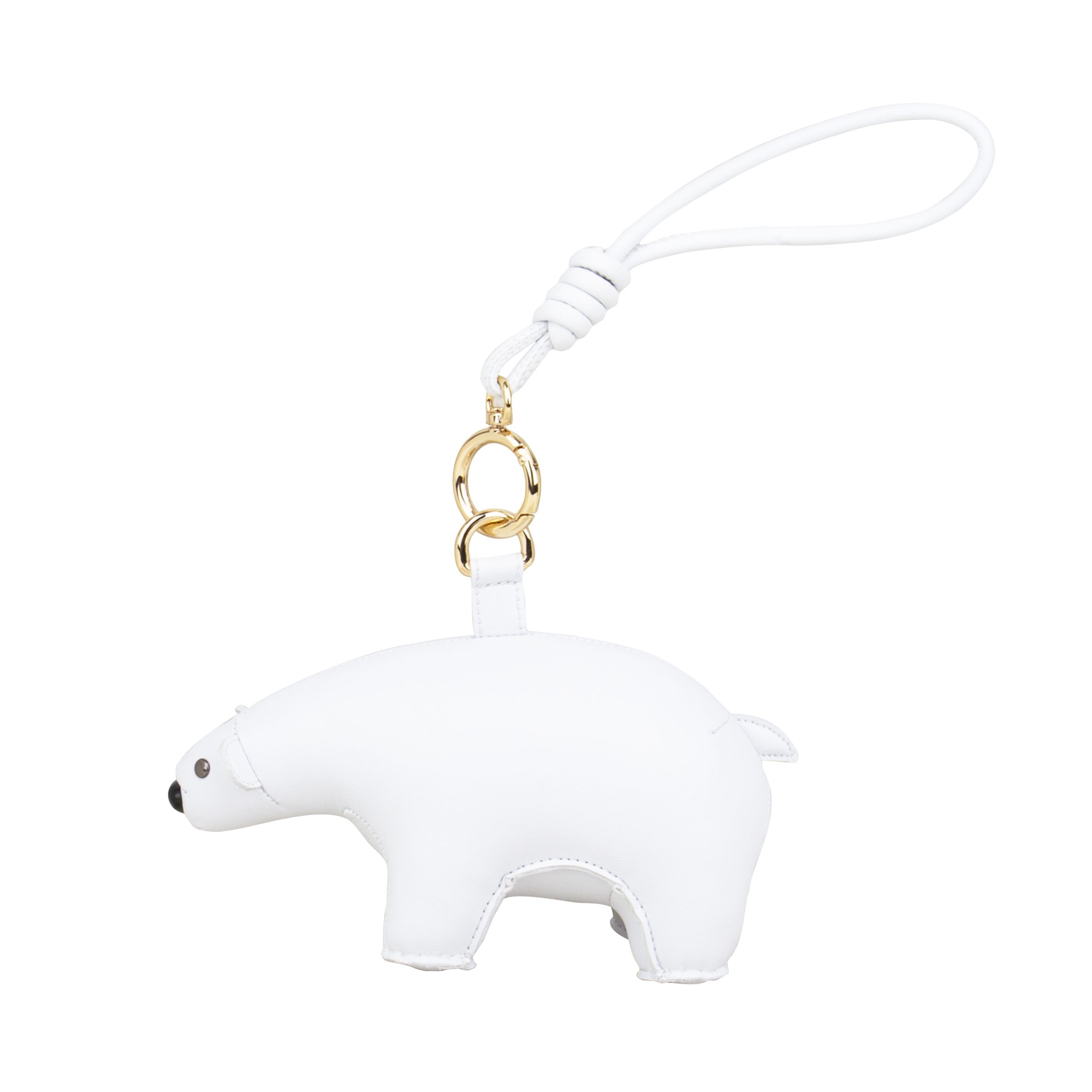 Züny Eisbär Taschenanhänger: Weißer Kunstleder-Eisbär mit goldenem Ring und weißer Schlaufe als Taschenschmuck.