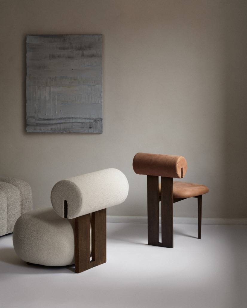 NORR11 Hippo Lounge Chair Sessel in Beige und Braun, modernes Design mit Holzgestell.