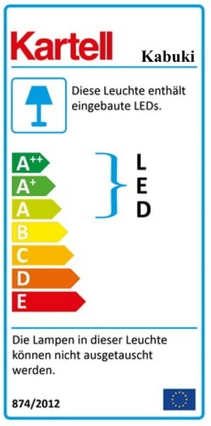 Energieeffizienzlabel der Kartell Kabuki LED Tischleuchte mit Informationen zu Energieverbrauch und Leuchtmittel.