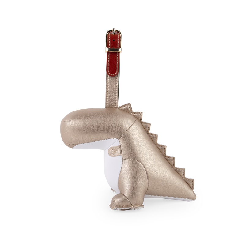 Goldener Weihnachts Ornament Dinosaurier Züny mit roter Schlaufe, festlicher Baumschmuck für Dino-Fans.