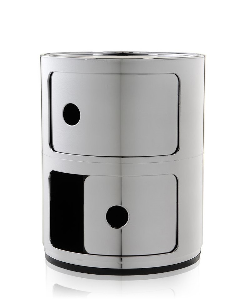 Componibili 2er Element von Kartell, Metall Nachttisch mit zwei Fächern und runder Öffnung.