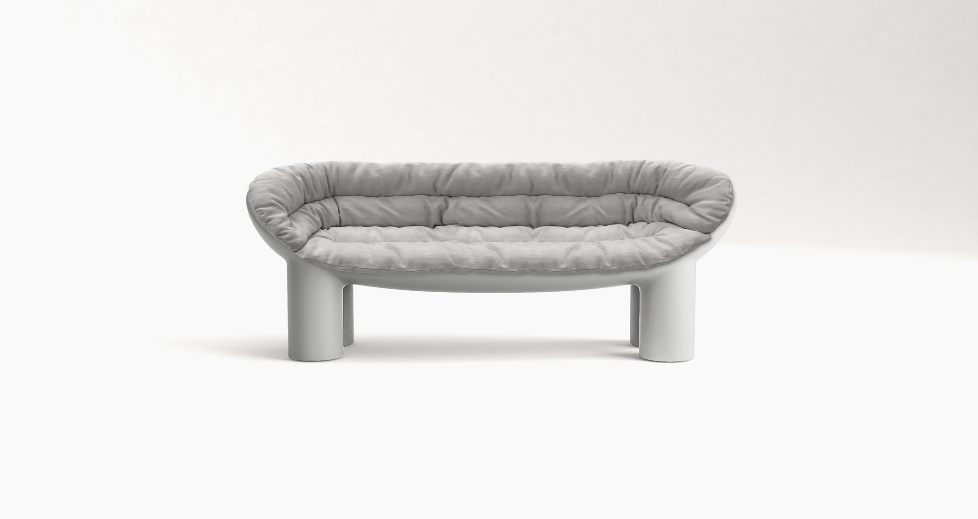 Graue Roly Poly Bank von Driade mit weichen, gepolsterten Kissen und vier Beinen.