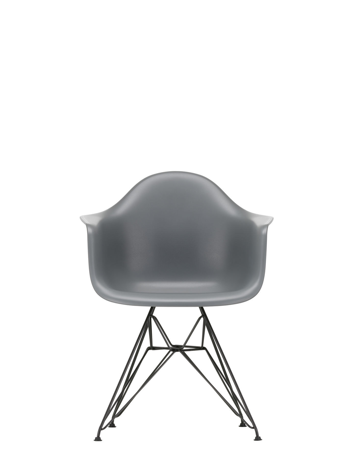 Eames Plastic Arm Chair DAR Stuhl in Kieselgrau mit verchromtem Eiffel-Gestell, Frontansicht.