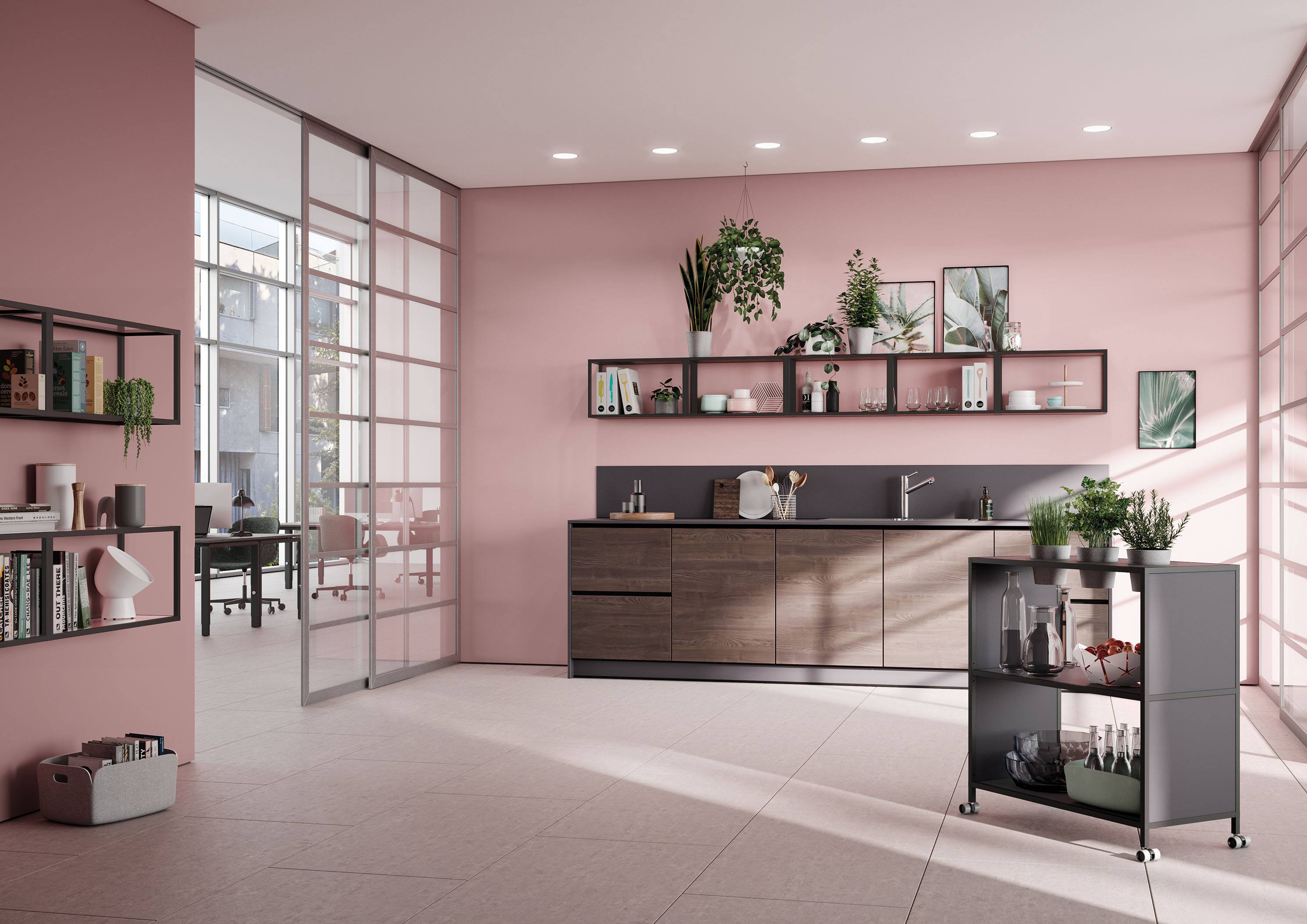 Modernes Büro mit Palmberg Regal, 4 Fächer, zur Aufbewahrung und Dekoration. Büroregal in stilvollem Ambiente.