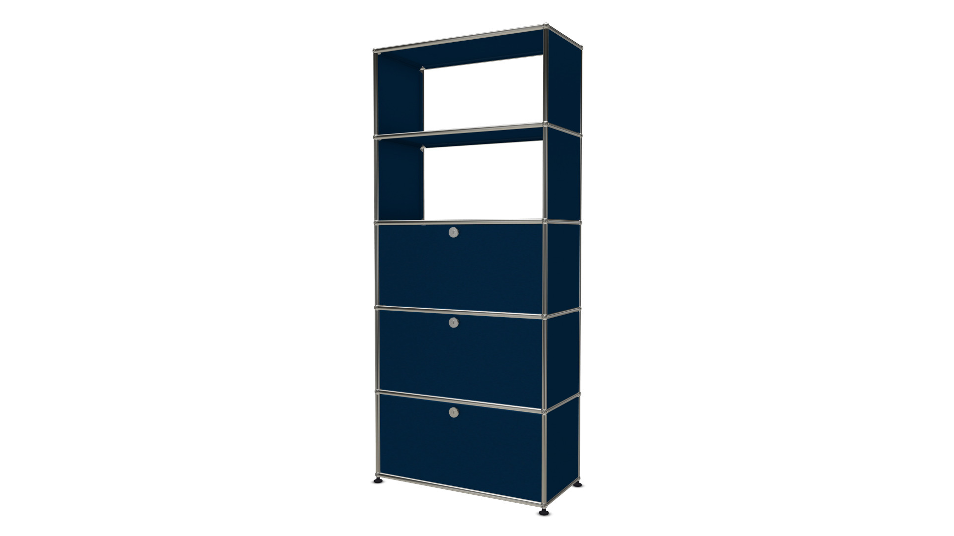 Blaues USM Haller Regal mit einer Schublade und zwei Klappen, modernes modulares Möbeldesign.