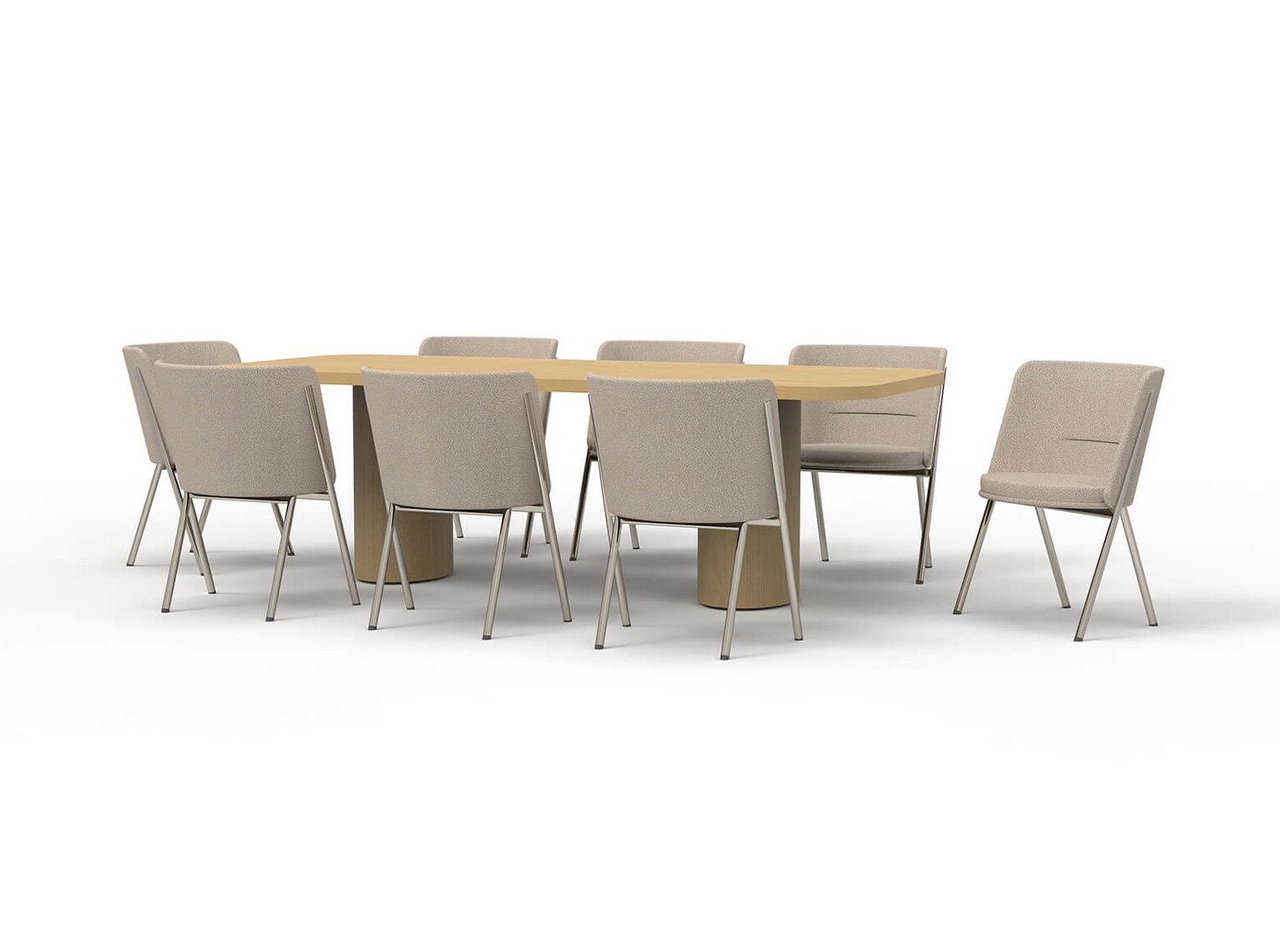 Tecta Tisch M70 mit Stühlen: Moderner Esstisch/Konferenztisch aus Holz und Metall, beige Polsterung.