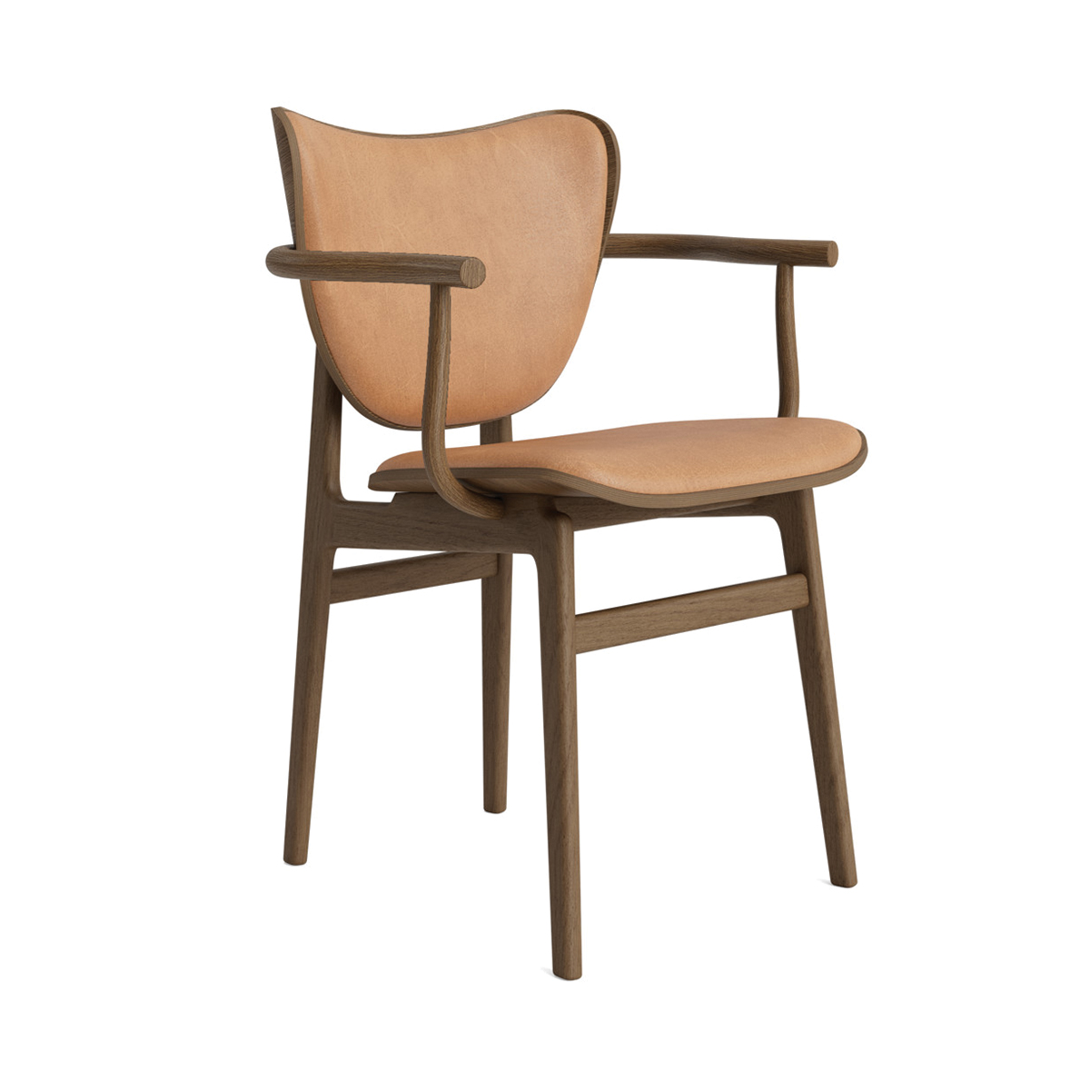 NORR11 Elephant Dining Chair mit Armlehnen, Holzgestell und braunem Lederbezug, Frontansicht.