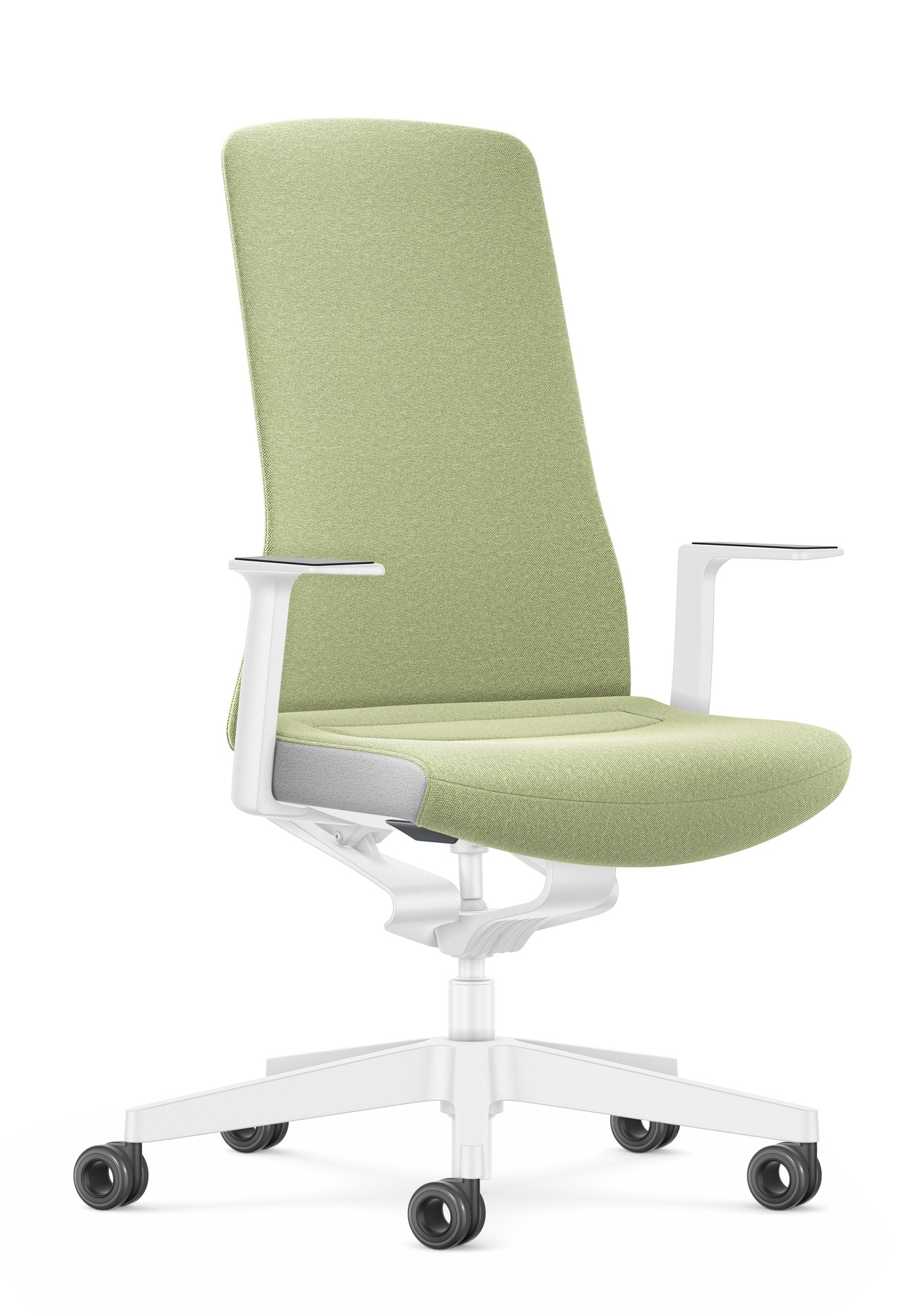 Grüner Interstuhl Bürodrehstuhl mit weißem Gestell und Armlehnen. Ergonomischer Bürostuhl für das Büro.