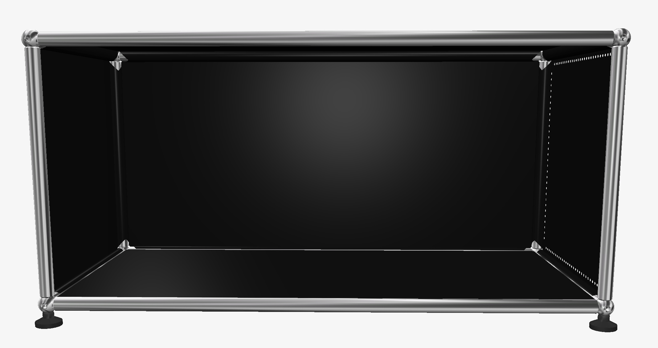 USM Haller Lowboard in Graphitschwarz, offenes Design mit verchromtem Gestell für modernes Wohnen.