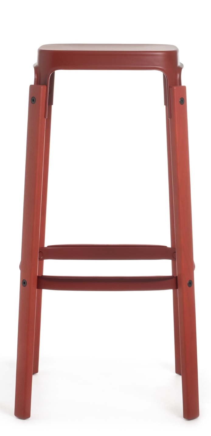 Steelwood Stool Barhocker von Magis, Hocker aus Holz und Stahl in Rot, Frontansicht.