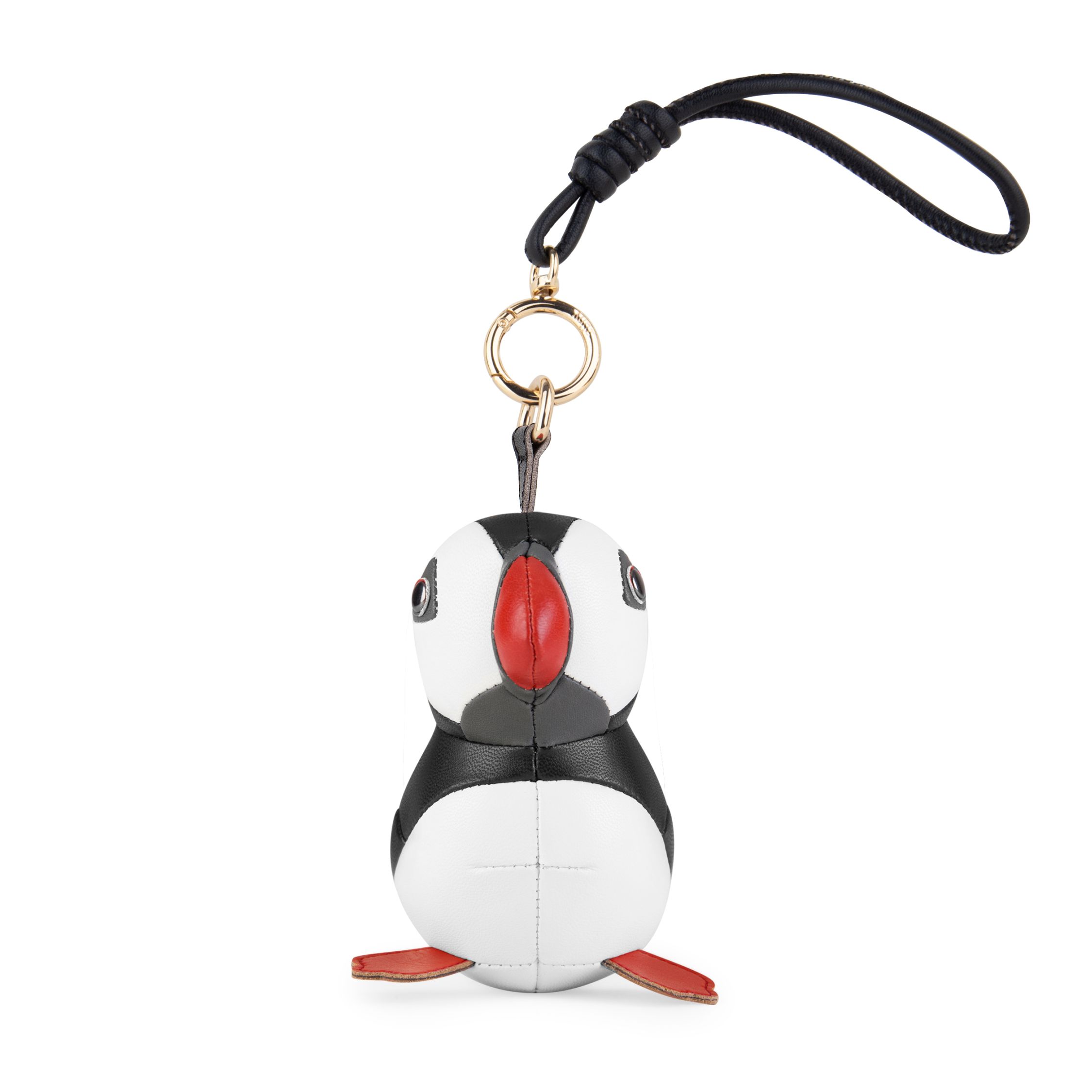 Züny Puffin Taschenanhänger: Niedlicher Papageitaucher Bag Charm aus Leder mit schwarzer Kordel und goldenem Ring.