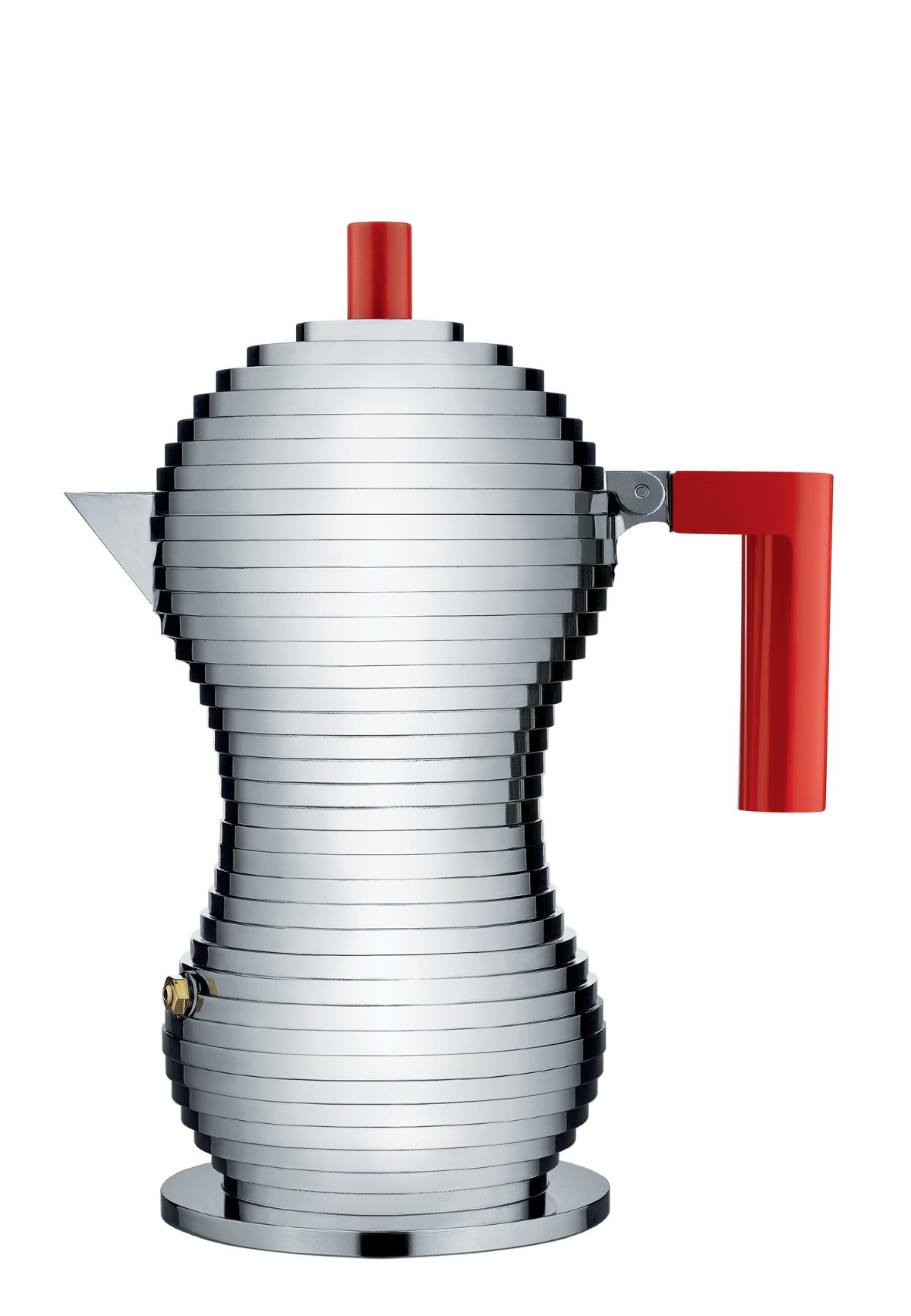 MDL02 Espressokocher Pulcina von Alessi, silberfarben mit rotem Griff, für die Zubereitung von Espresso.