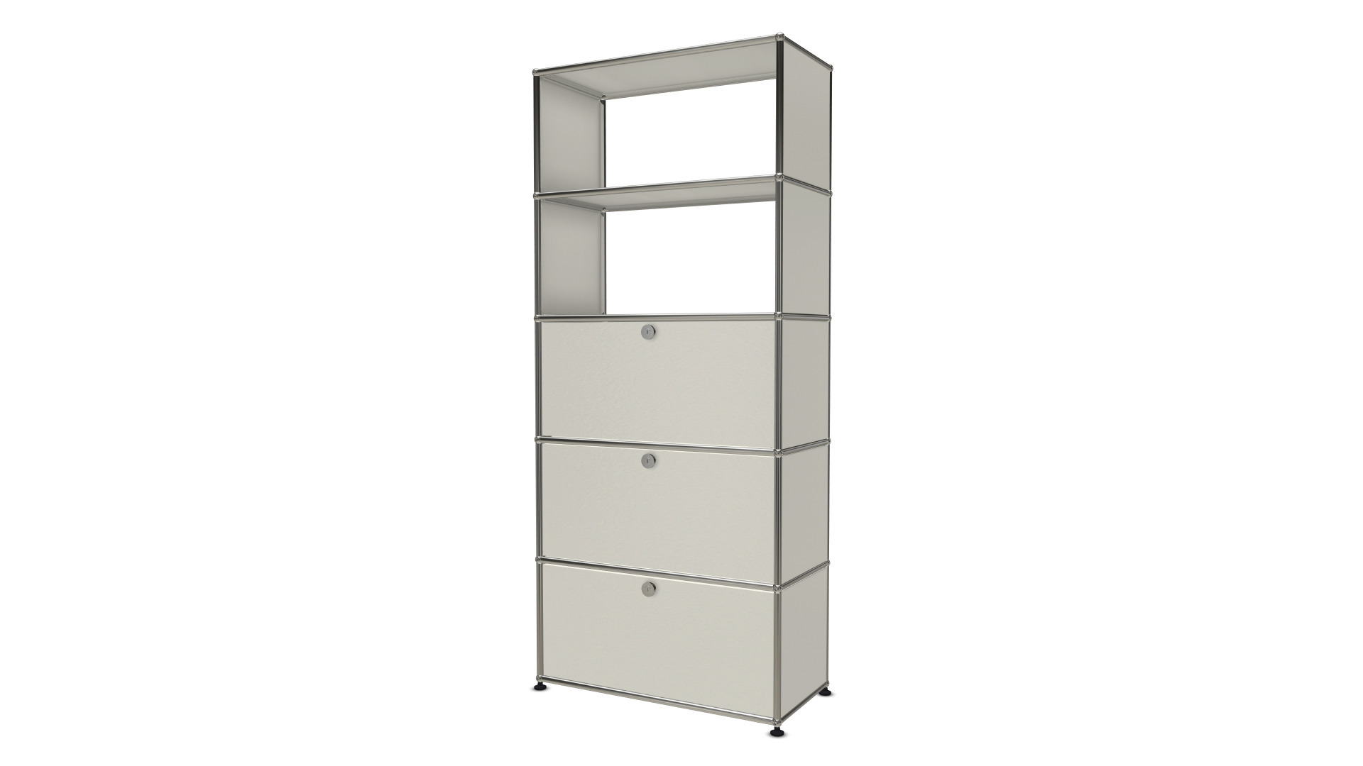 Weißes USM Haller Regal mit einer Schublade und zwei Klappen, modernes modulares Möbeldesign für Wohnzimmer und Büro.