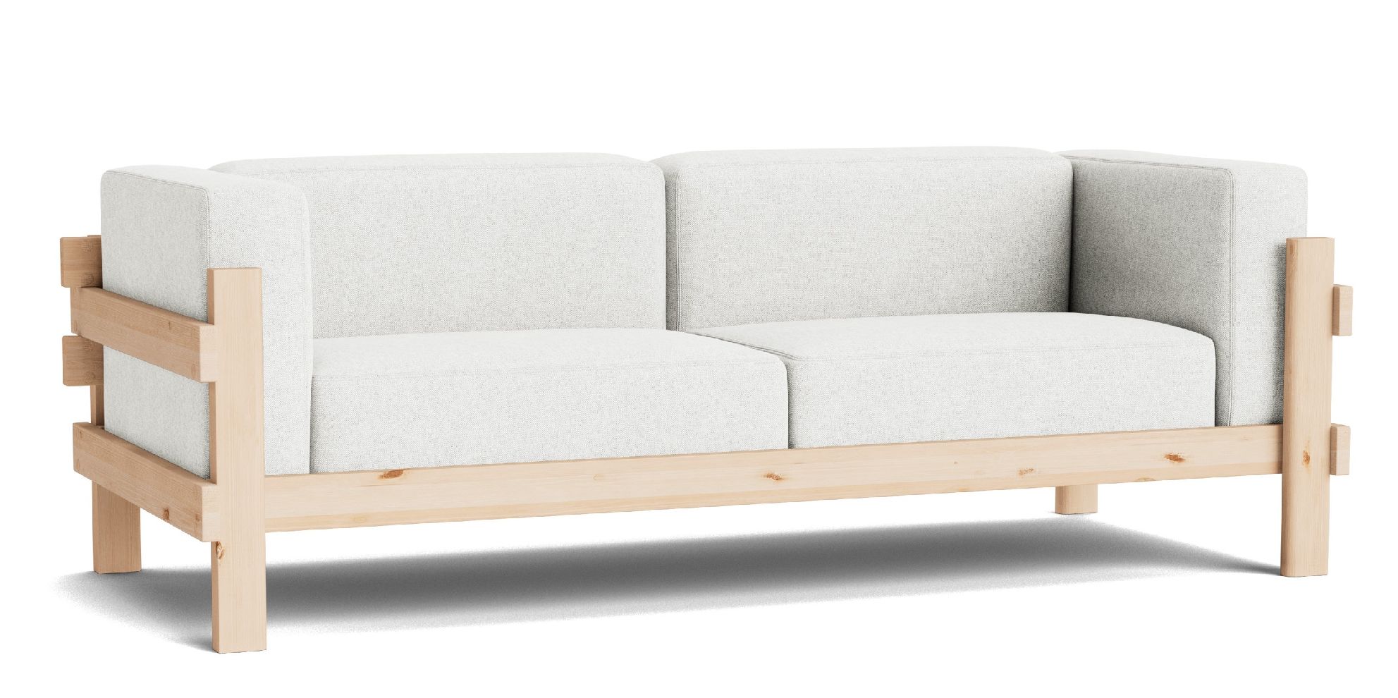 Kube Sofa von Normann Copenhagen, hellgraues 2-Sitzer Sofa mit hellem Holzrahmen, modernes Wohnzimmermöbel.