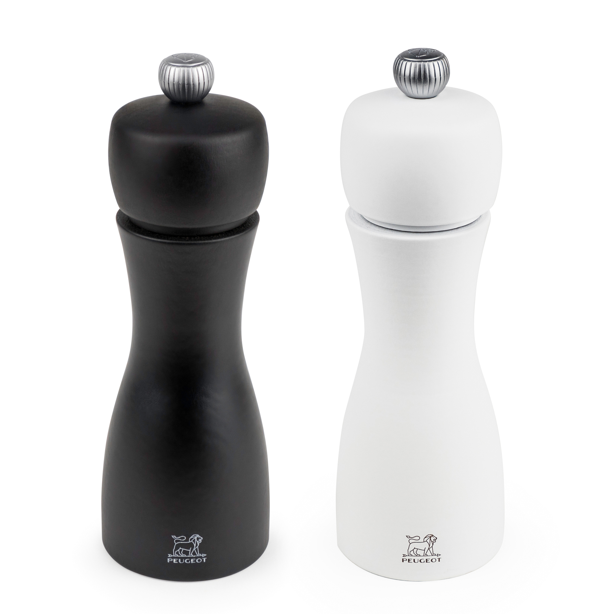 Peugeot Tahiti Duo: Schwarze und weiße Salz- und Pfeffermühle aus Holz, elegantes Design.