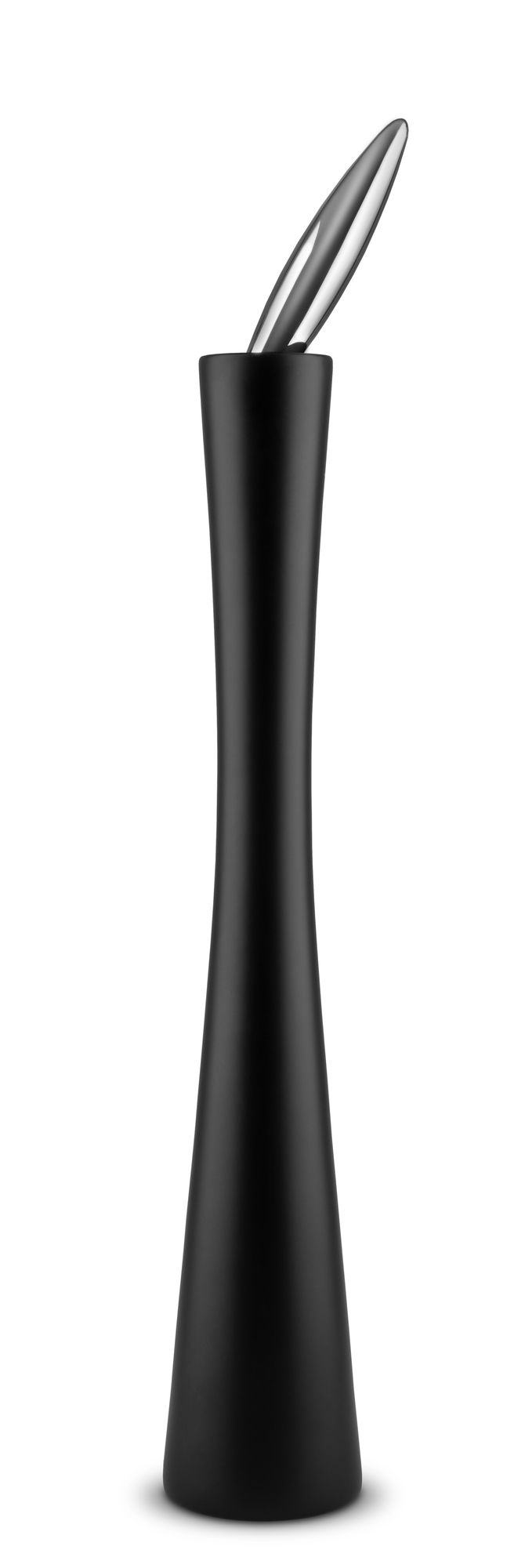 Schwarze Alessi Gewürzmühle aus Buchenholz, schlanke Form mit silbernem Mahlwerk, für Salz, Pfeffer und Gewürze.