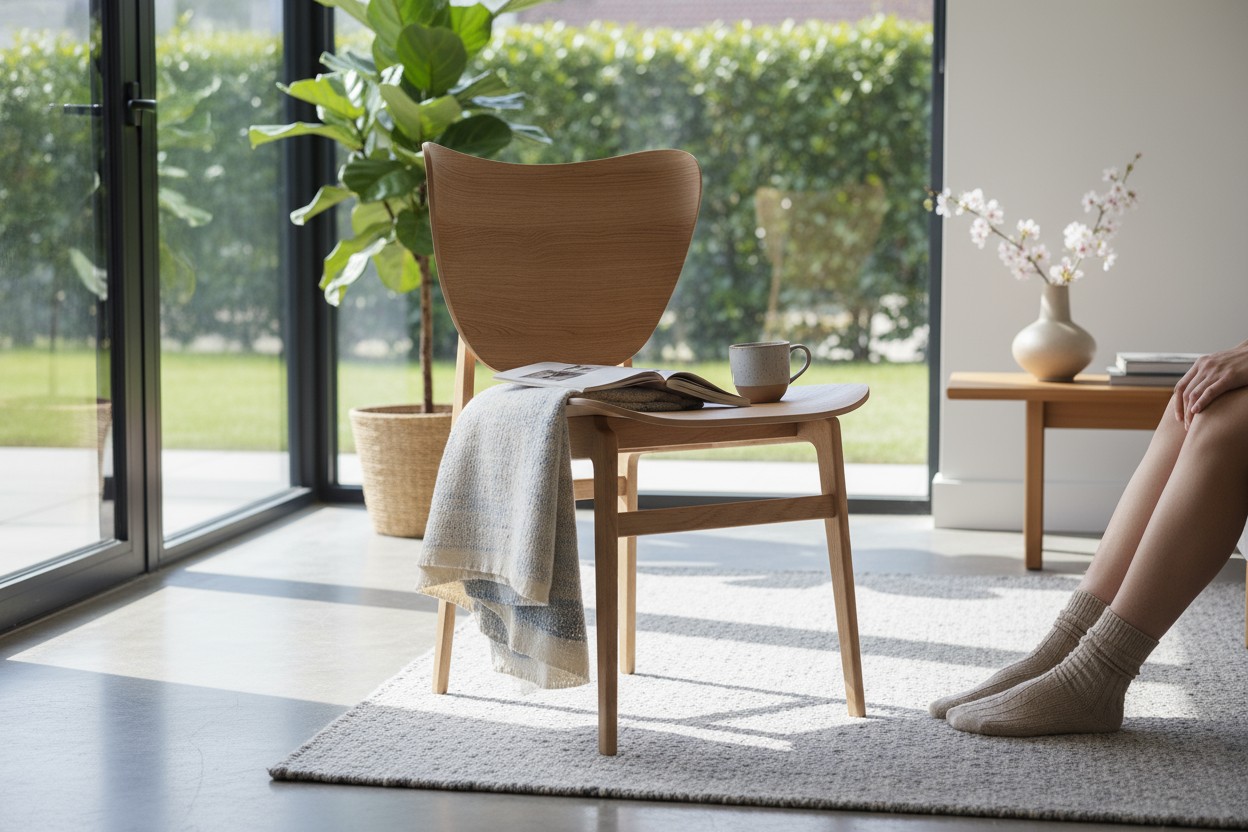 NORR11 Elephant Dining Chair aus Eiche mit Buch, Tasse und Decke in modernem Wohnzimmer.