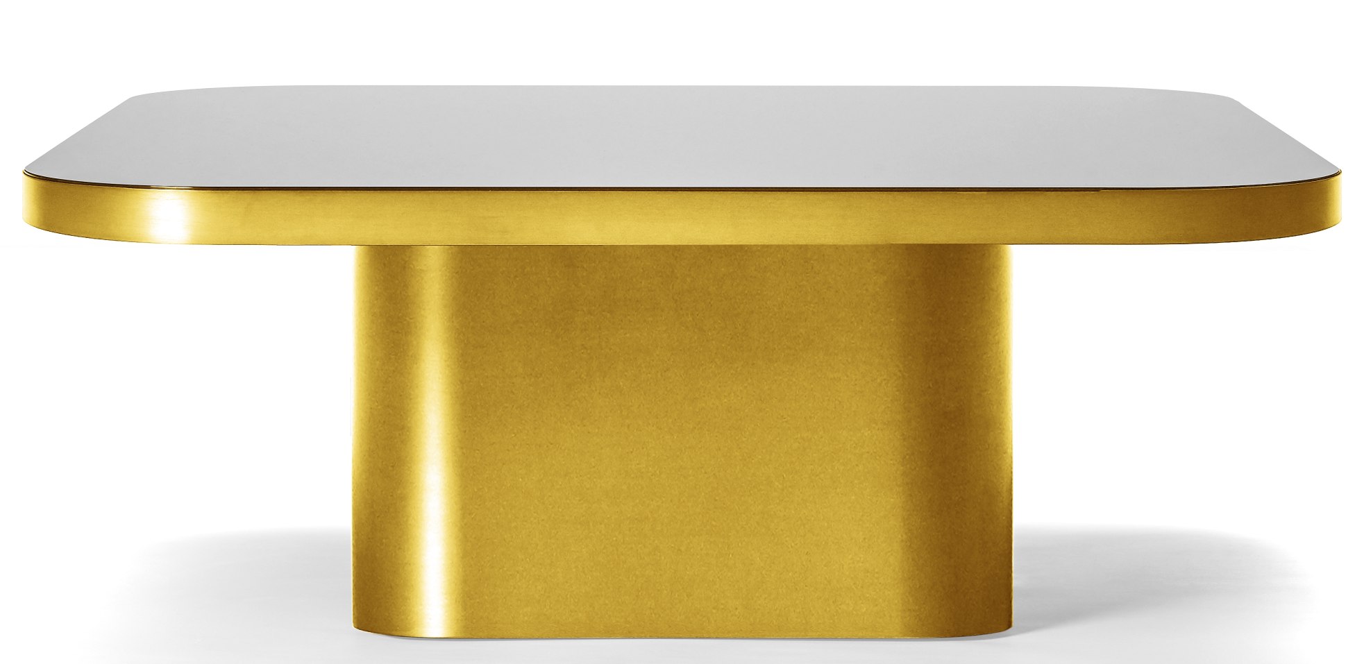 Bow Coffee Table von ClassiCon: Moderner Couchtisch mit weißer Tischplatte und goldenem, zylindrischem Fuß.