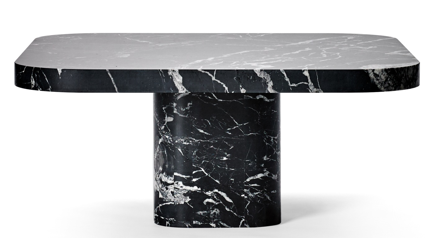 Bow Coffee Table Couchtisch No. 3 ClassiCon aus Marmor, quadratische Tischplatte und zylindrischer Fuß.
