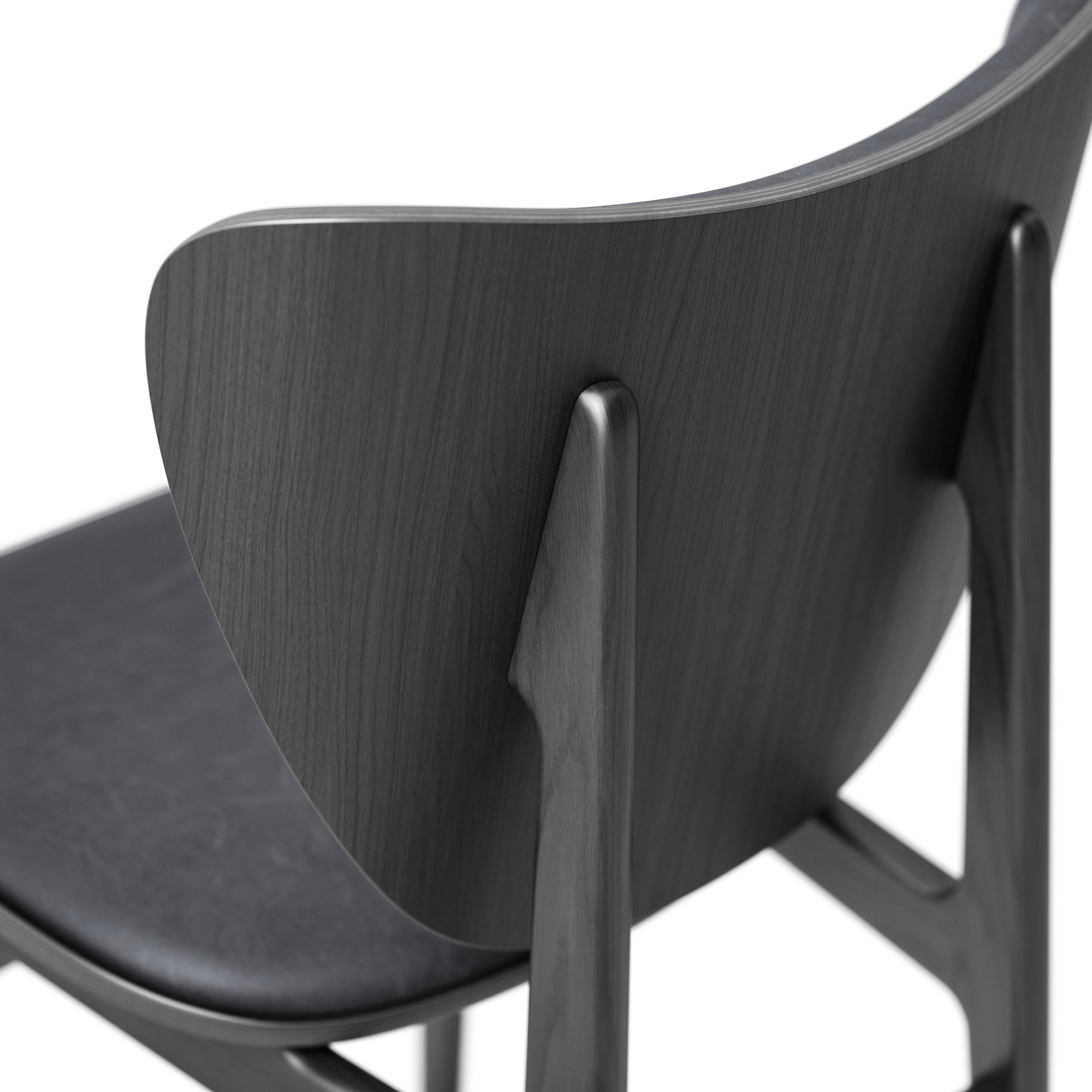 Detailansicht: Elephant Dining Chair Stuhl mit schwarzem Eichenholz und anthrazitfarbenem Vintage-Lederbezug.
