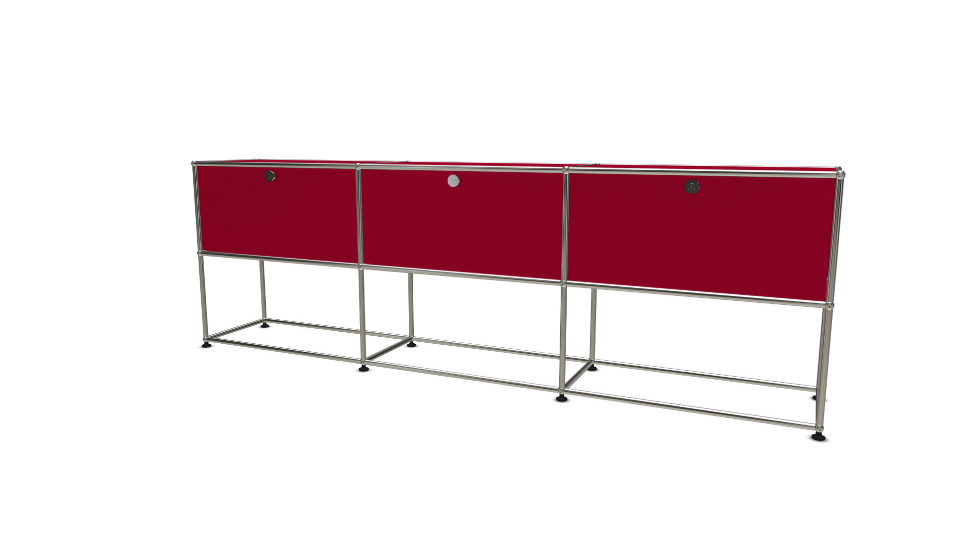 Rotes USM Haller Sideboard mit drei Klappen und verchromtem Gestell vor weißem Hintergrund.