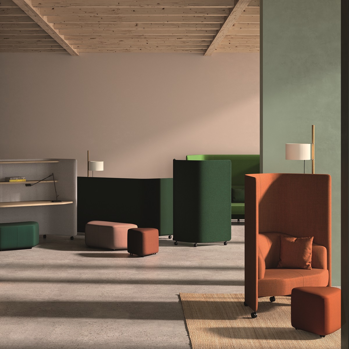 In Out Office RS2264 Ottoman Hocker auf Rollen von Andreu World in modernem Büro.