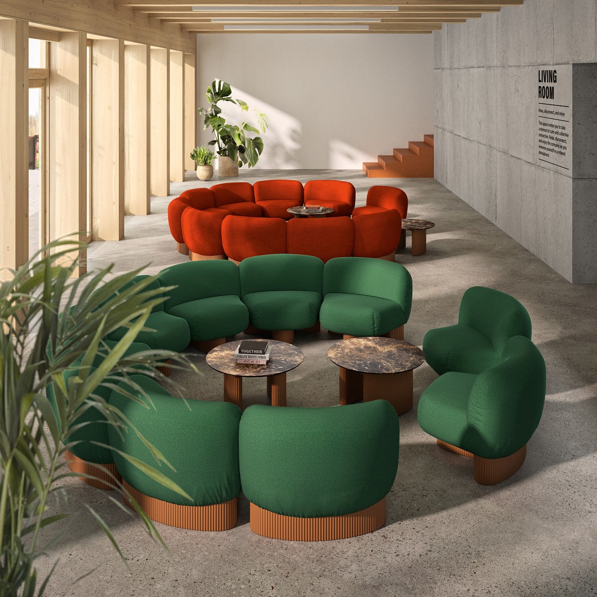 Bolete Couchtisch von Andreu World, orange und grüne modulare Sofas mit passenden Beistelltischen.