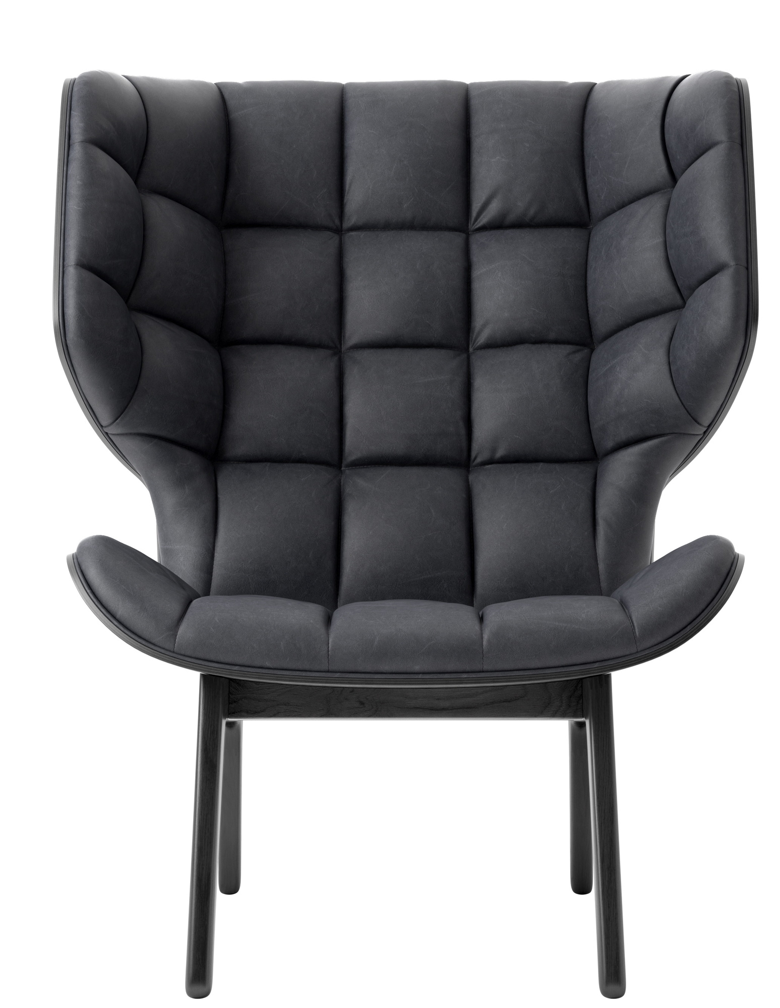 Anthrazitfarbener Mammoth Chair Sessel mit gestepptem Lederbezug und schwarzem Eichenholzgestell. Design Sessel für Wohnzimmer.