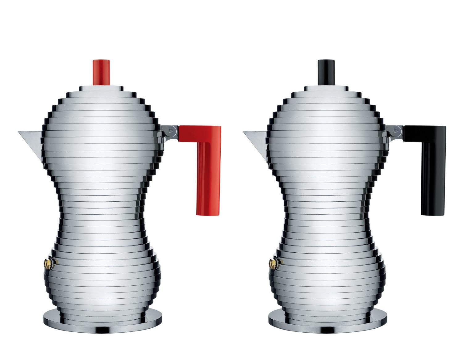 Zwei Alessi Espressokocher Pulcina: Silbernes Design mit rotem und schwarzem Griff. Espressomaschine für italienischen Kaffee.