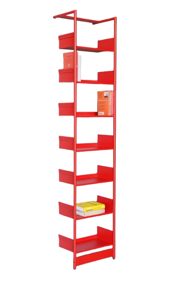 Rotes Anlehnregal von Mox, Modell Pool 196 Medium, mit mehreren Ablageflächen und Büchern.
