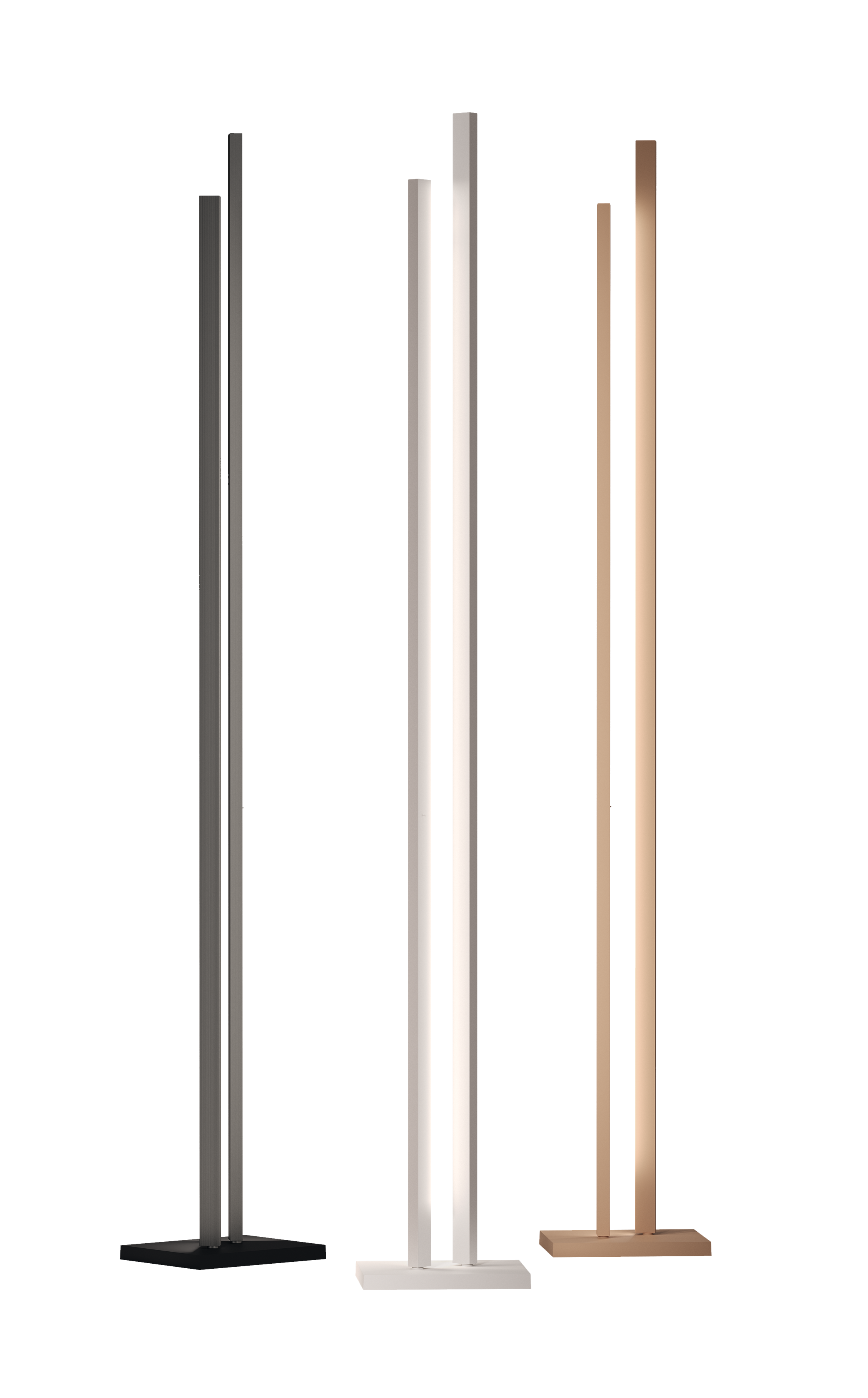 Drei Parallel Floor Stehleuchten in Schwarz, Weiß und Gold, moderne Innenbeleuchtung für Wohnzimmer und Büro.