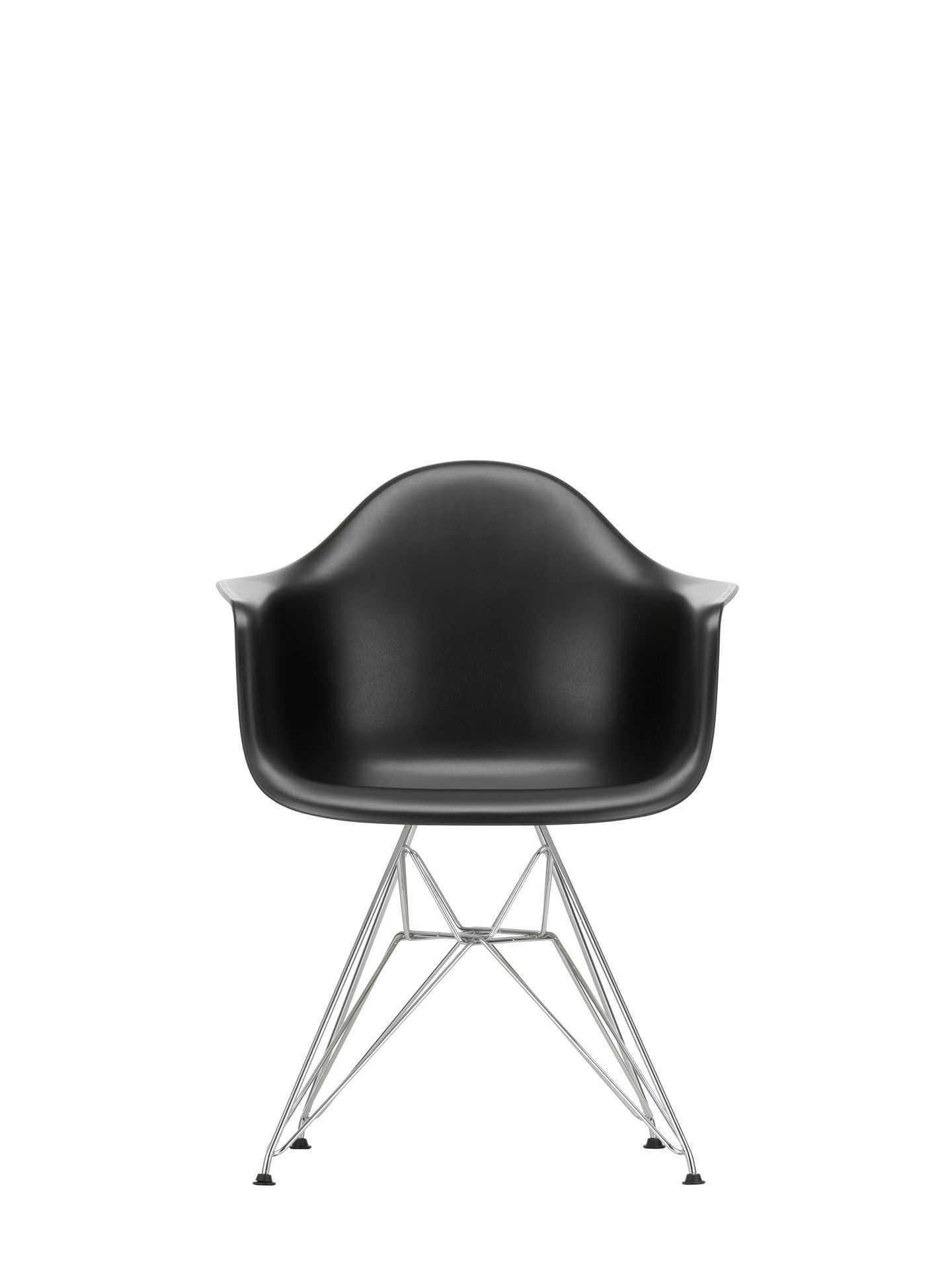 Eames Plastic Arm Chair DAR Stuhl in Kieselstein mit verchromtem Drahtgestell, Frontansicht.