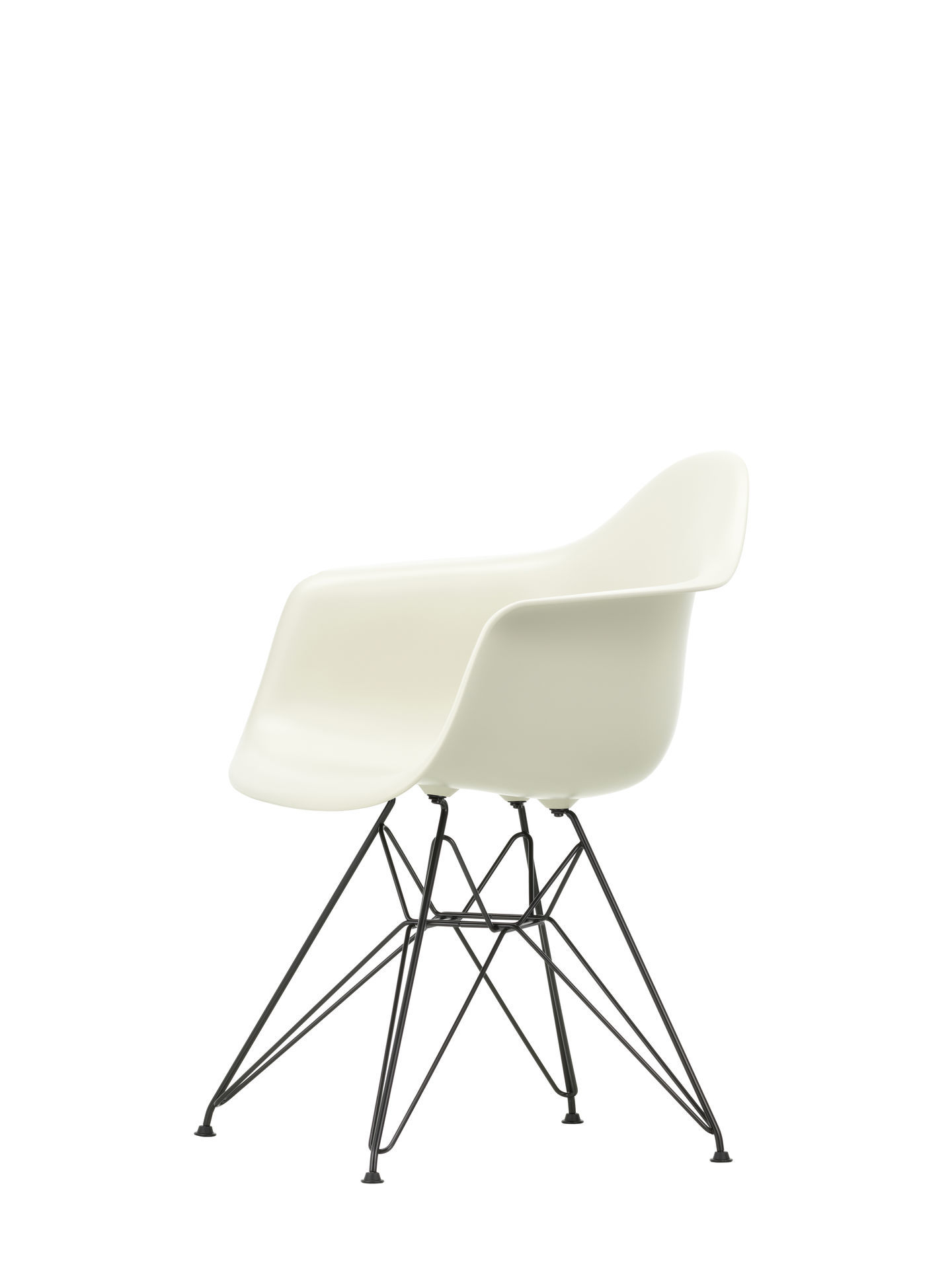 Eames Plastic Arm Chair DAR Stuhl in Kieselstein mit verchromtem Eiffelturm-Gestell, seitliche Ansicht.