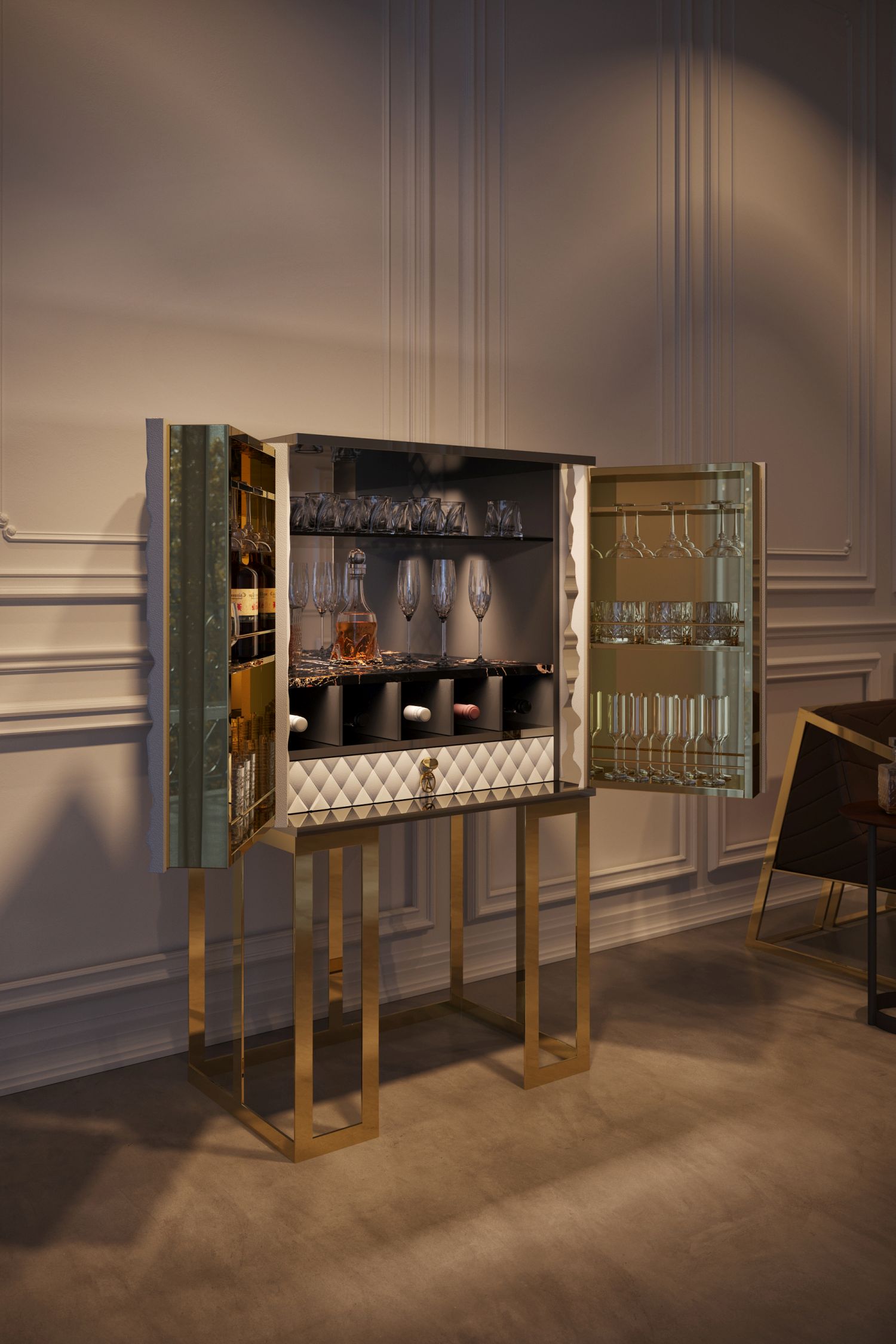 Bari Bar Cabinet Black Chrome and Black Leather Mansi London