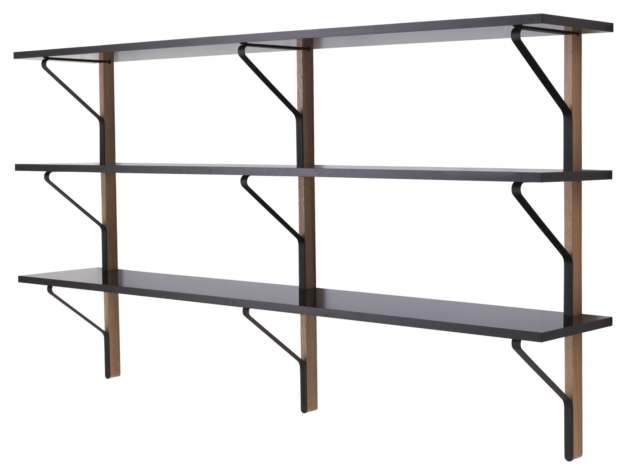 Artek Kaari REB 008 Wandregal mit drei schwarzen Regalböden und Holzstützen. Modernes Design für Wohnraum.