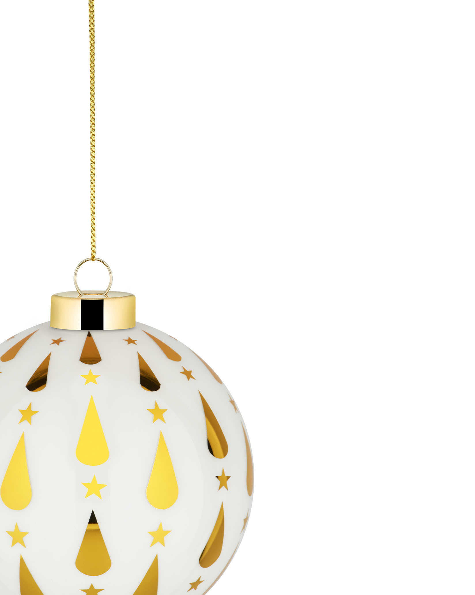Weiße Alessi Weihnachtskugel mit goldenen Sternen und Tropfen Ornamenten, hängend an goldener Kette. Festliche Weihnachtsdekoration.